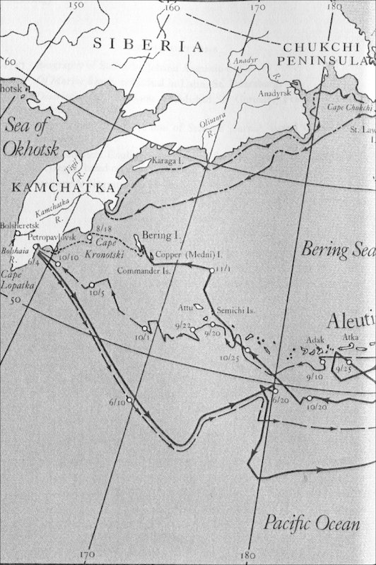 Фрагмент карты плаваний русских моряков в Северо-Западной Пацифике в 1728–1742 гг.